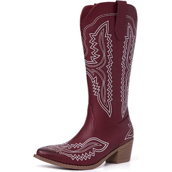 ⚡Women's Red Square Toe Cowgirl Boot Low Chunky Heel Embroidery Western Mid Calf - Picture 1 of 8